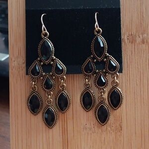 Vintage Gold Tone Black Faux Stone Dangle Earrings